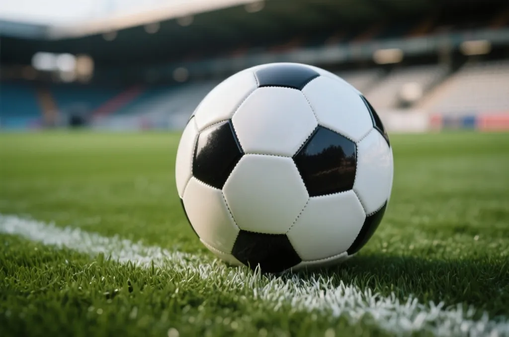 Close-up of a brand new soccer ball resting on a lush green turf pitch with a blurry stadium background, professional sports photography